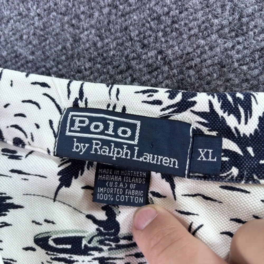 Polo Ralph Lauren Polo Shirt Mens XL Cream Navy Tropical Island Palm Tree USA